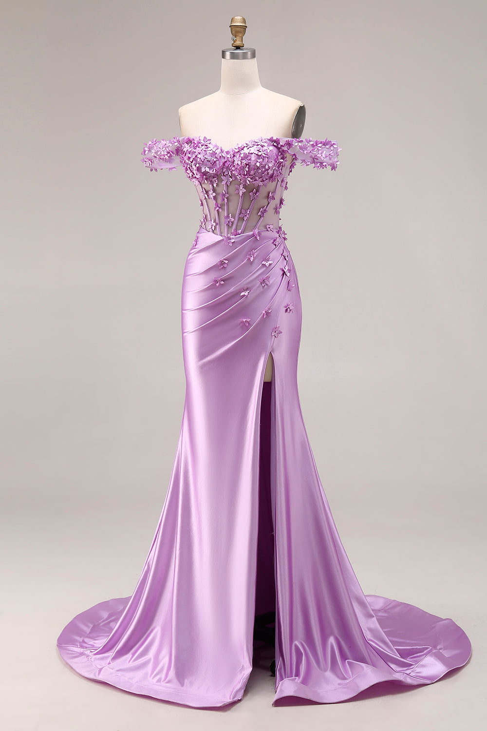 Purple Floral Off the Shoulder Mermaid Long Corset Prom Dress with Slit