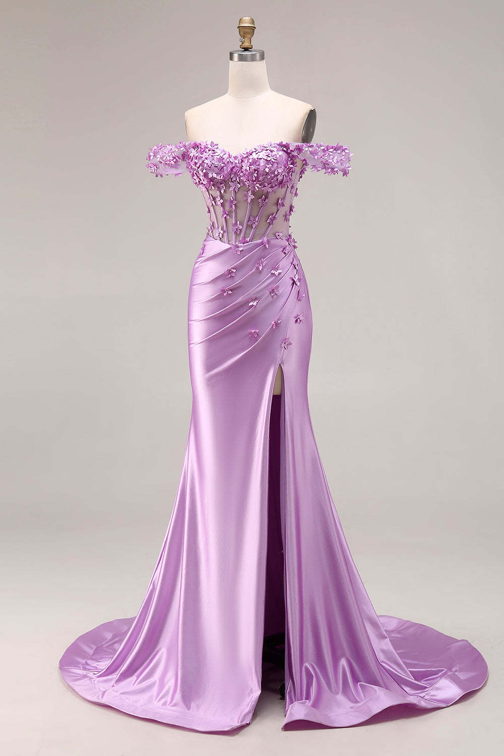 Purple Floral Off the Shoulder Mermaid Long Corset Prom Dress with Slit