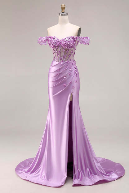 Purple Floral Off the Shoulder Mermaid Long Corset Prom Dress with Slit