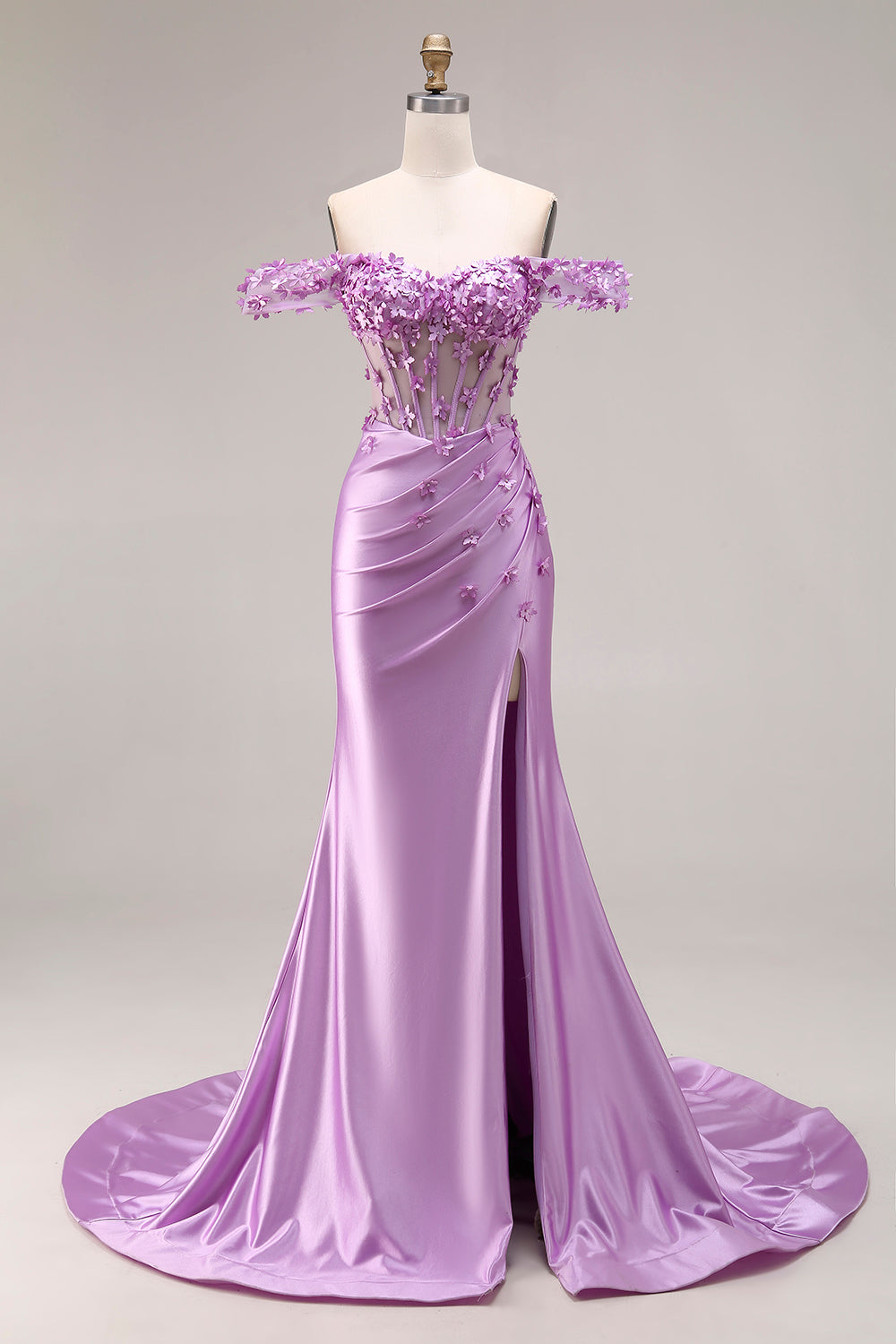 Purple Floral Off the Shoulder Mermaid Long Corset Prom Dress with Slit