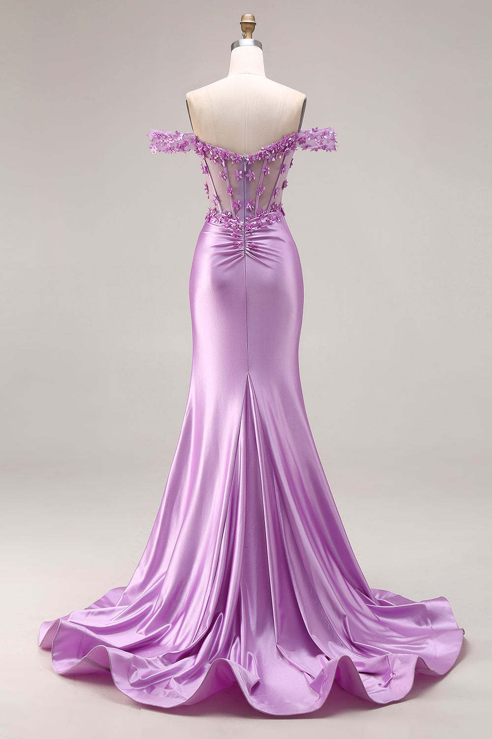 Purple Floral Off the Shoulder Mermaid Long Corset Prom Dress with Slit