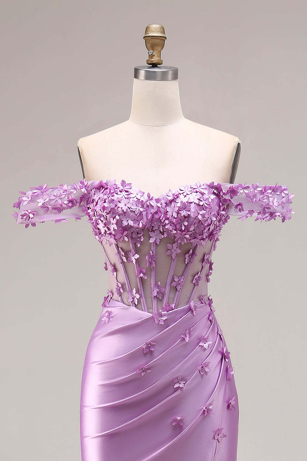 Purple Floral Off the Shoulder Mermaid Long Corset Prom Dress with Slit