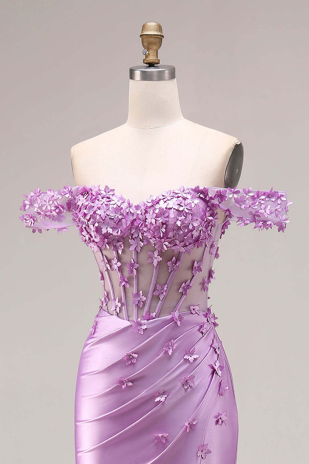 Purple Floral Off the Shoulder Mermaid Long Corset Prom Dress with Slit
