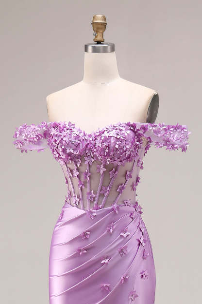 Purple Floral Off the Shoulder Mermaid Long Corset Prom Dress with Slit