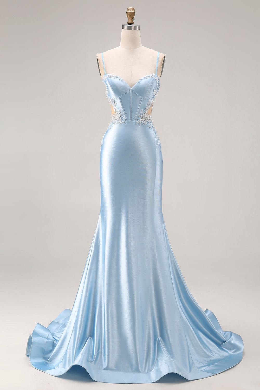 Sky Blue Satin Mermaid Cut Out Long Maxi Corset Prom Dress with Appliques