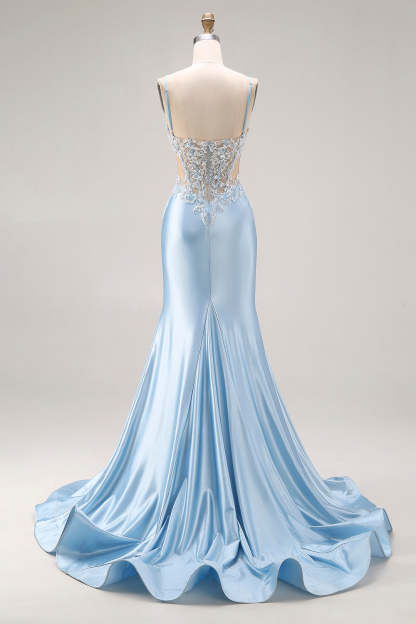 Sky Blue Satin Mermaid Cut Out Long Maxi Corset Prom Dress with Appliques