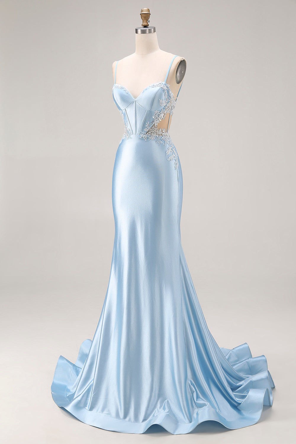 Sky Blue Satin Mermaid Cut Out Long Maxi Corset Prom Dress with Appliques