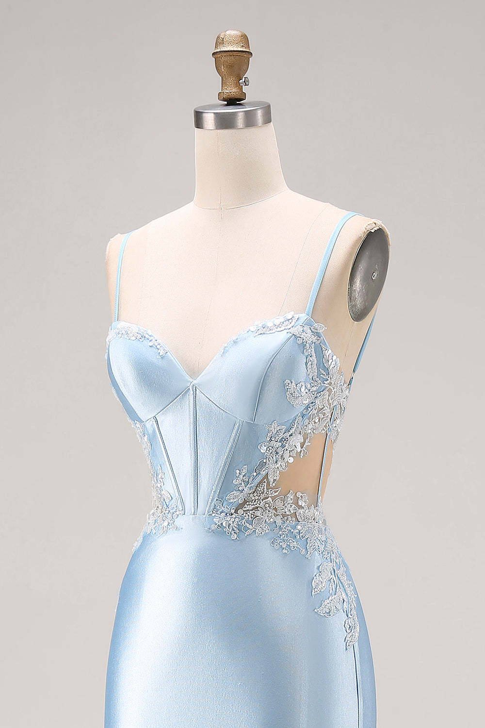 Sky Blue Satin Mermaid Cut Out Long Maxi Corset Prom Dress with Appliques