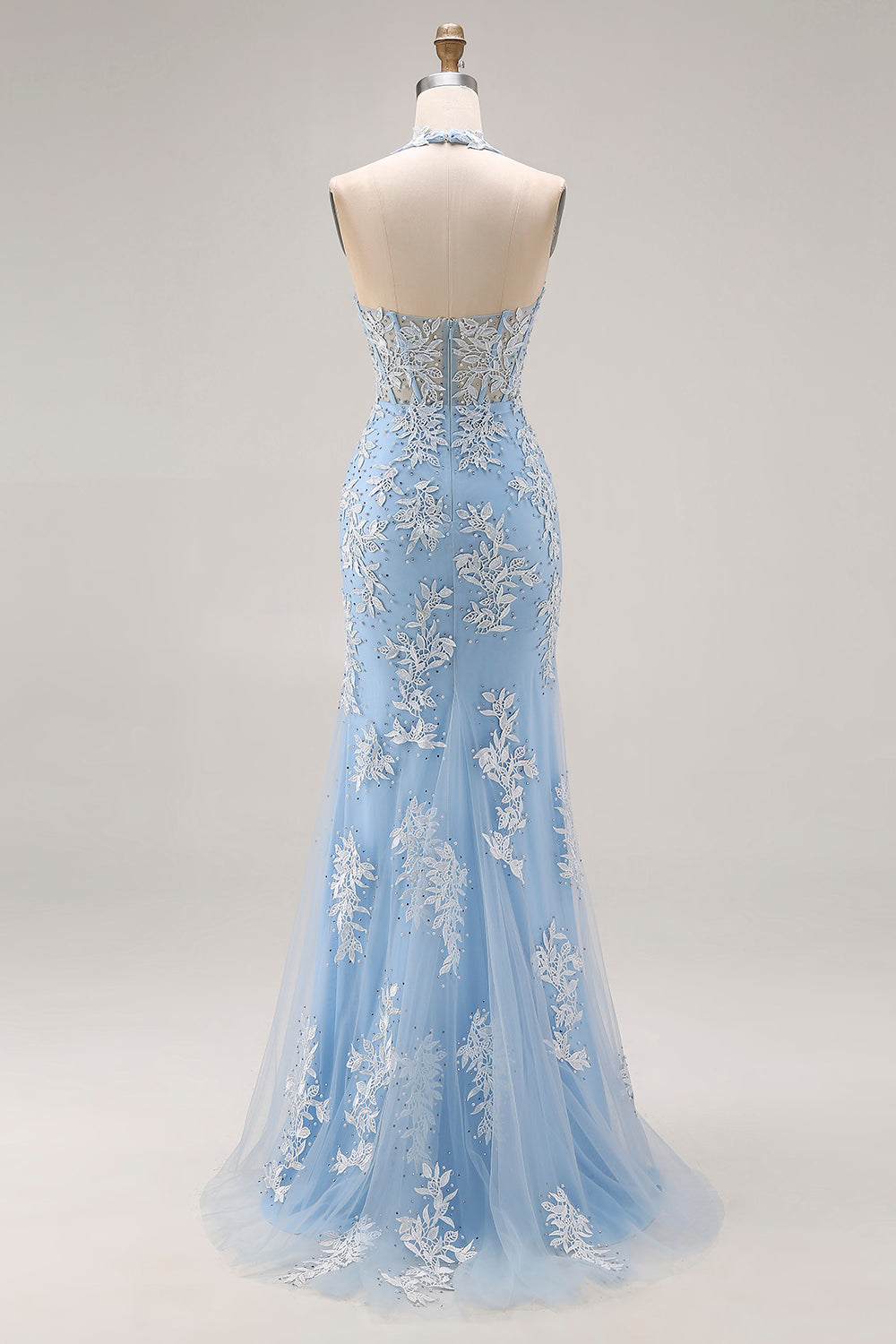 Sky Blue Mermaid Appliqued Halter Neck Long Corset Prom Dress with Slit