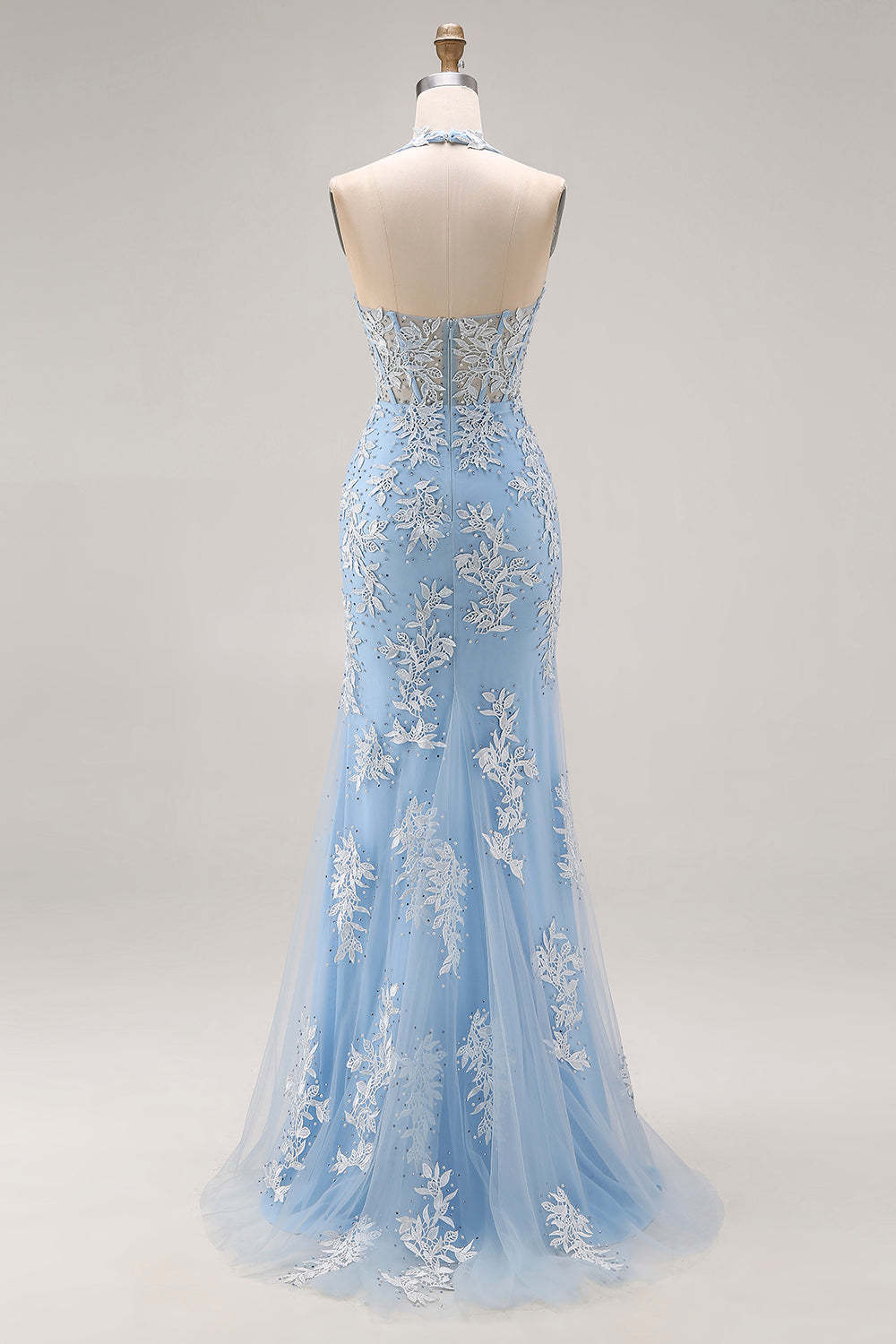 Sky Blue Mermaid Appliqued Halter Neck Long Corset Prom Dress with Slit