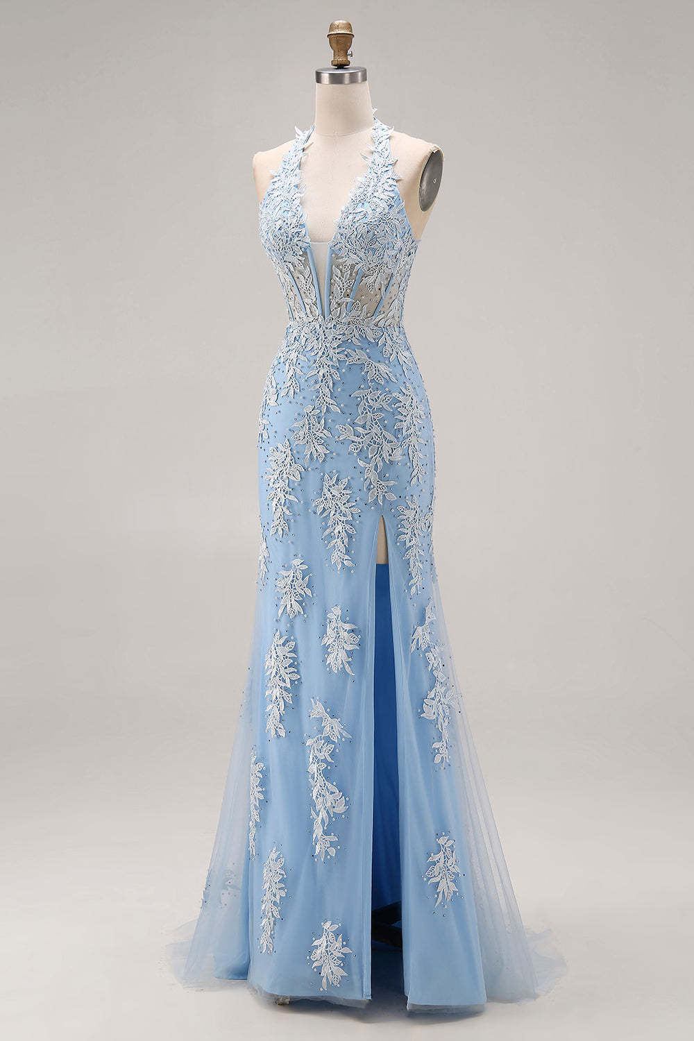 Sky Blue Mermaid Appliqued Halter Neck Long Corset Prom Dress with Slit