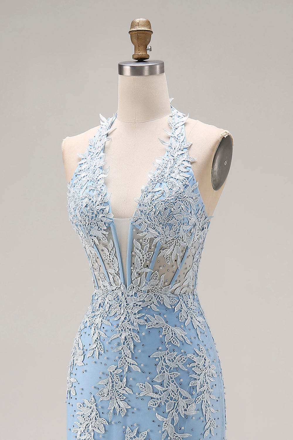 Sky Blue Mermaid Appliqued Halter Neck Long Corset Prom Dress with Slit