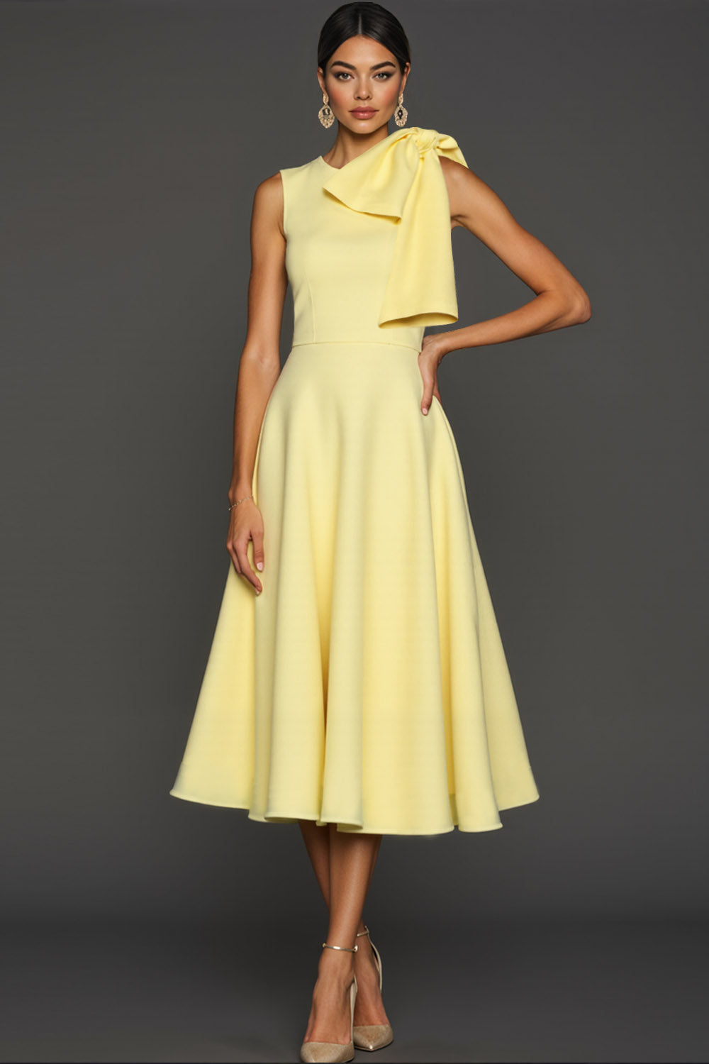 Light Yellow A Line Round Neck Midi Weedding Guest Dress with Bow