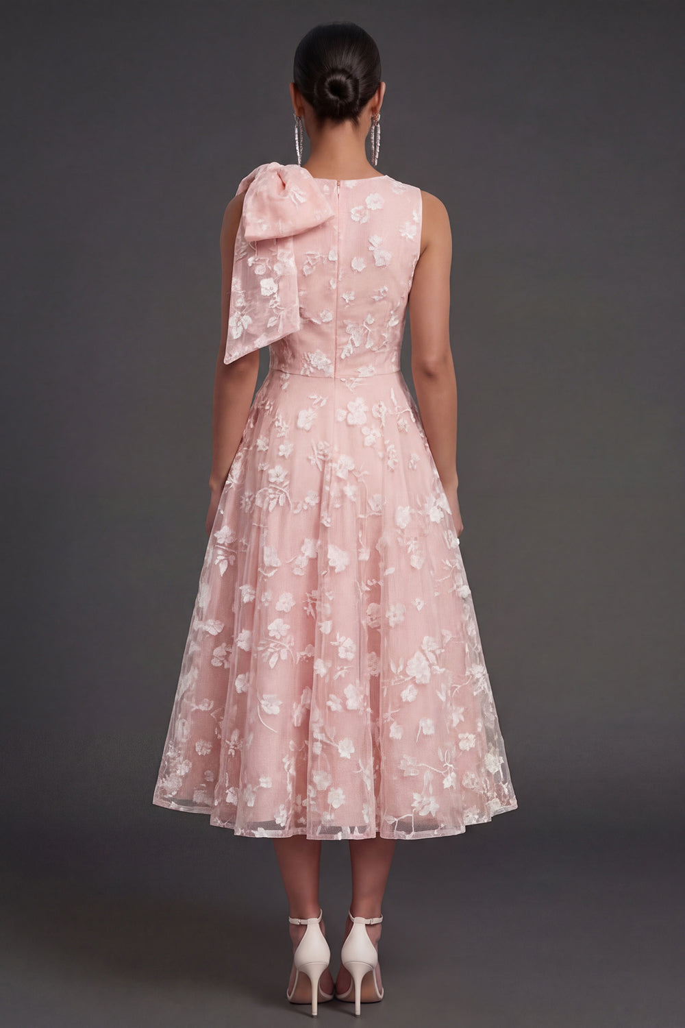 Blue Floral A Line Appliqued Midi Beach Wedding Guest Dress with Bow