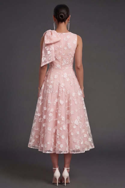 Blue Floral A Line Appliqued Midi Beach Wedding Guest Dress with Bow