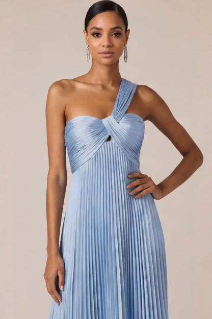 Light Blue One Shoulder A Line Empire Waist Pleated Long Wedding Guest Dress
