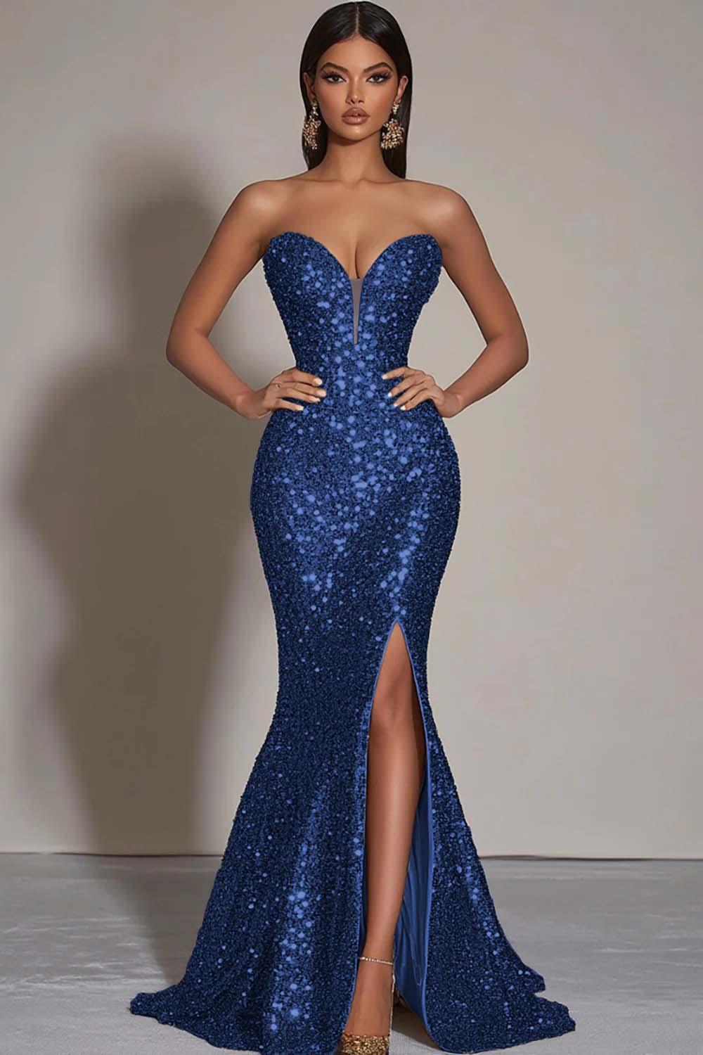 Sparkly Strapless Gold Mermaid Sequined Formal Dress with Slit