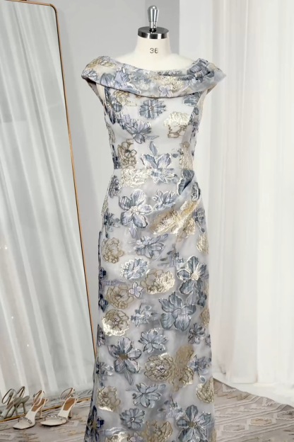 Mermaid Dusty Blue Floral Draped Wedding Guest Dress with Slit