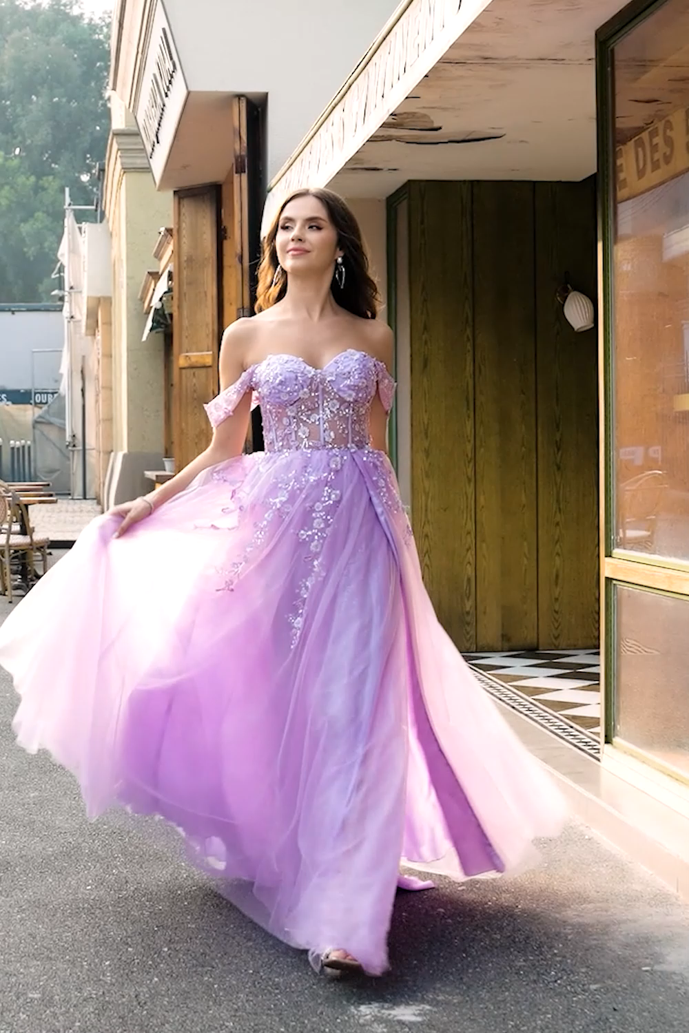 Lilac A Line Off The Shoulder Beaded Long Corset Prom Dress With Slit