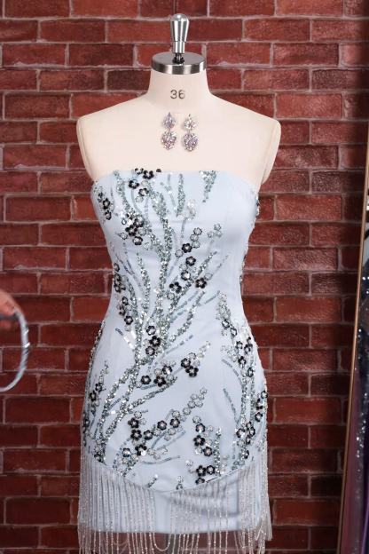 Dusty Blue Sparkly Sequins Floral Beaded Bodycon Short Homecoming Dress