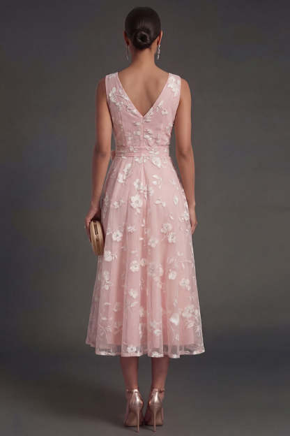 Blue A Line Floral V Neck Ruched Midi Beach Wedding Guest Dress