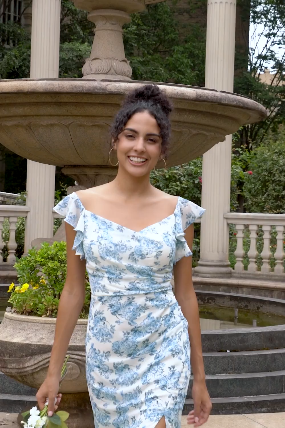 White Blue Flower Mermaid Long Wedding Guest Dress with Slit