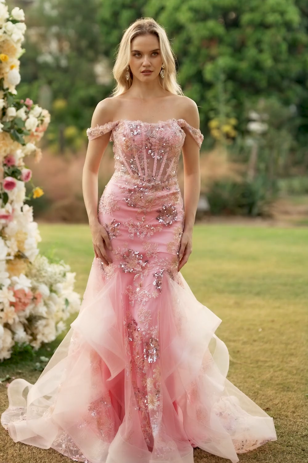 Sparkly Blush Floral Mermaid Long Corset Prom Dress with Ruffles