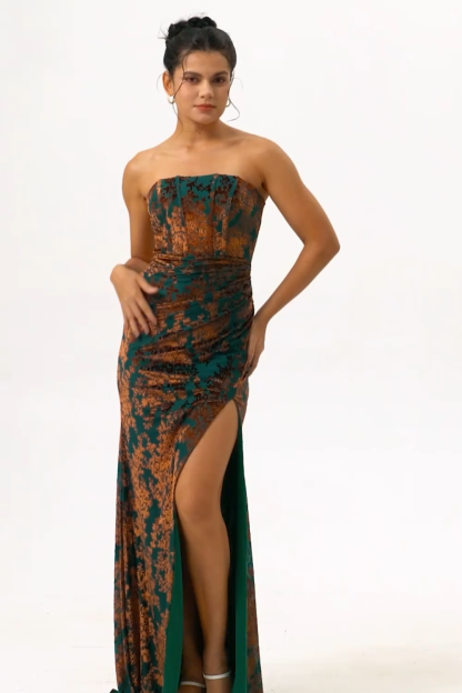 Peacock Green Corset Strapless Long Velvet Bridesmaid Dress with Slit