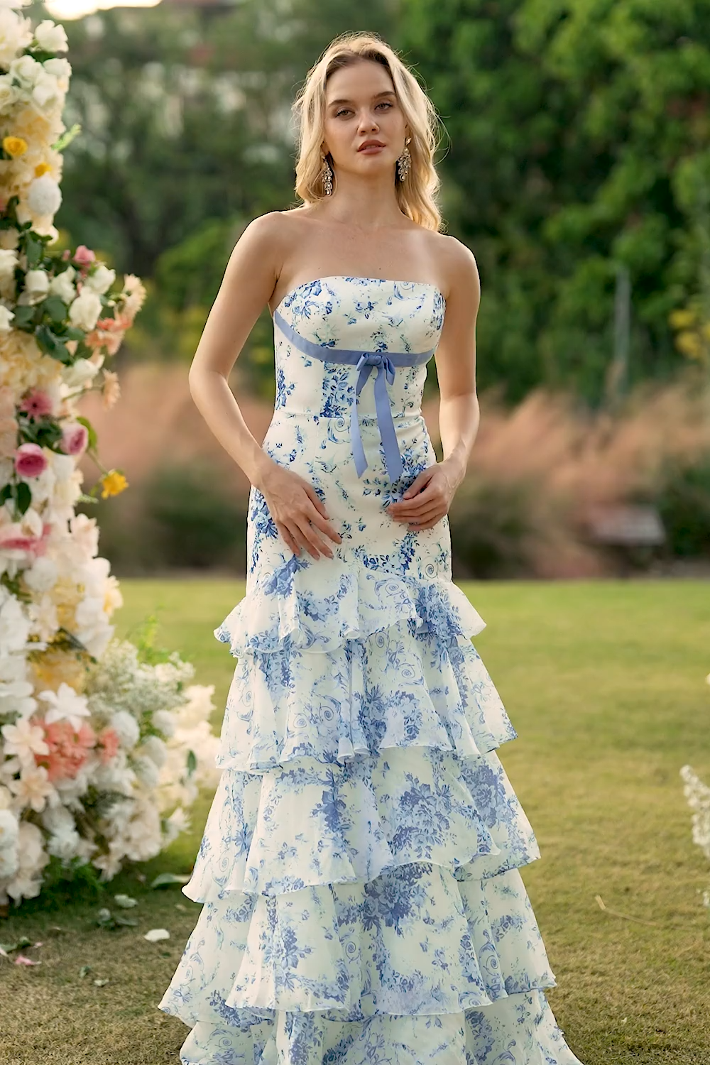 Blue and White Strapless Ruffled Mermaid Long Floral Prom Dress