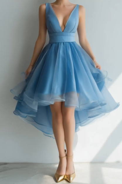 Blue A Line Deep V-Neck High Low Cocktail Dress with Ruffles