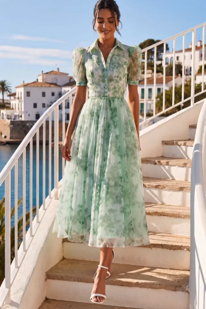 Green A Line Floral Puff Sleeves Long Wedding Guest Dress
