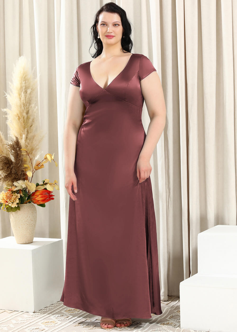 Deep V-neck A-line Key Hole Back Long Satin Bridesmaid Dress