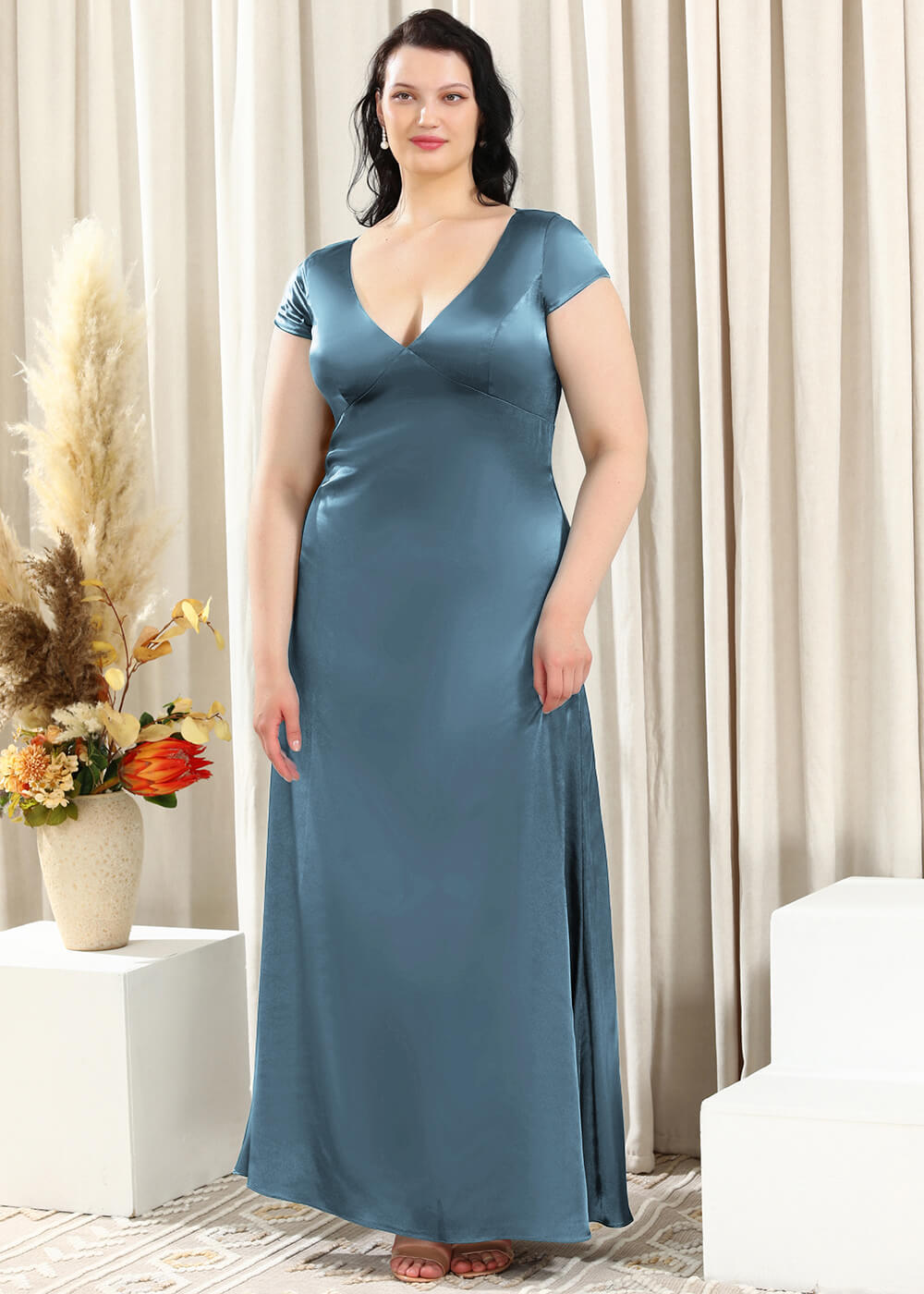 Deep V-neck A-line Key Hole Back Long Satin Bridesmaid Dress