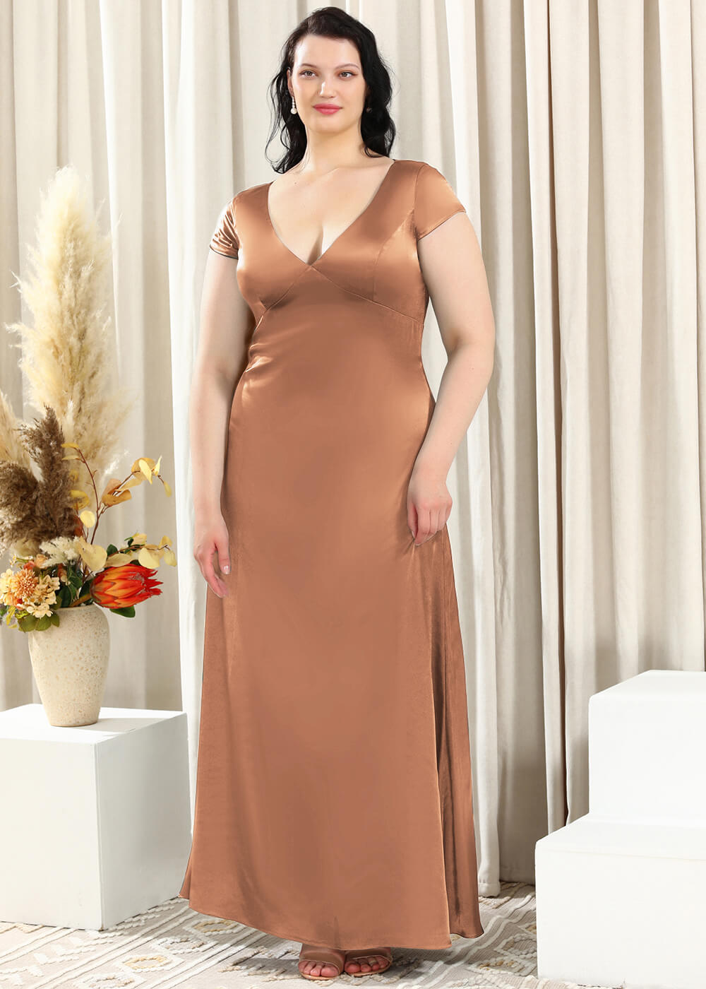 Deep V-neck A-line Key Hole Back Long Satin Bridesmaid Dress