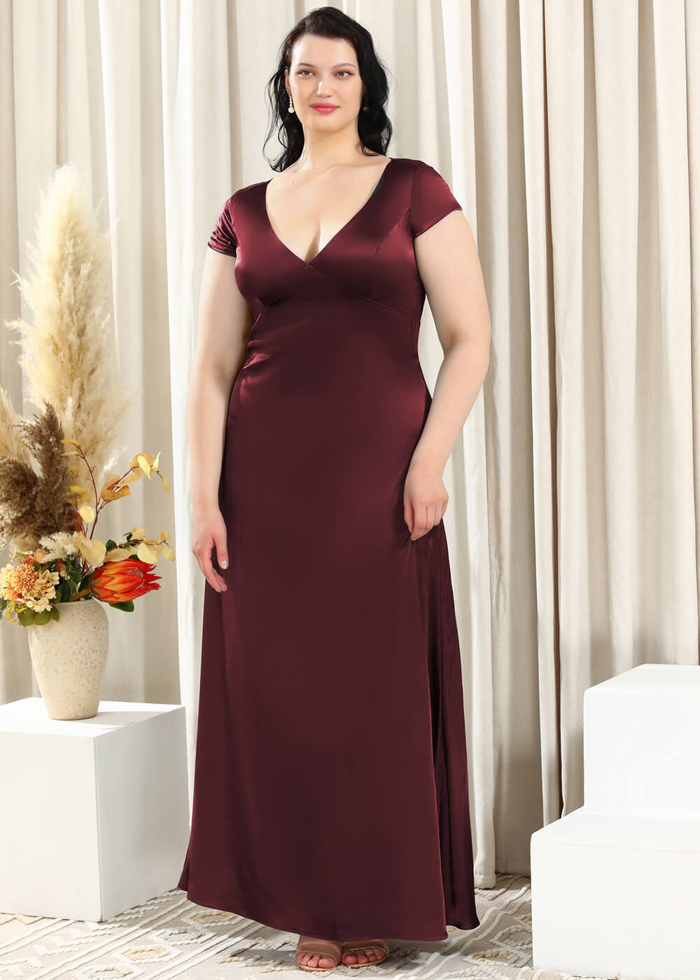 Deep V-neck A-line Key Hole Back Long Satin Bridesmaid Dress
