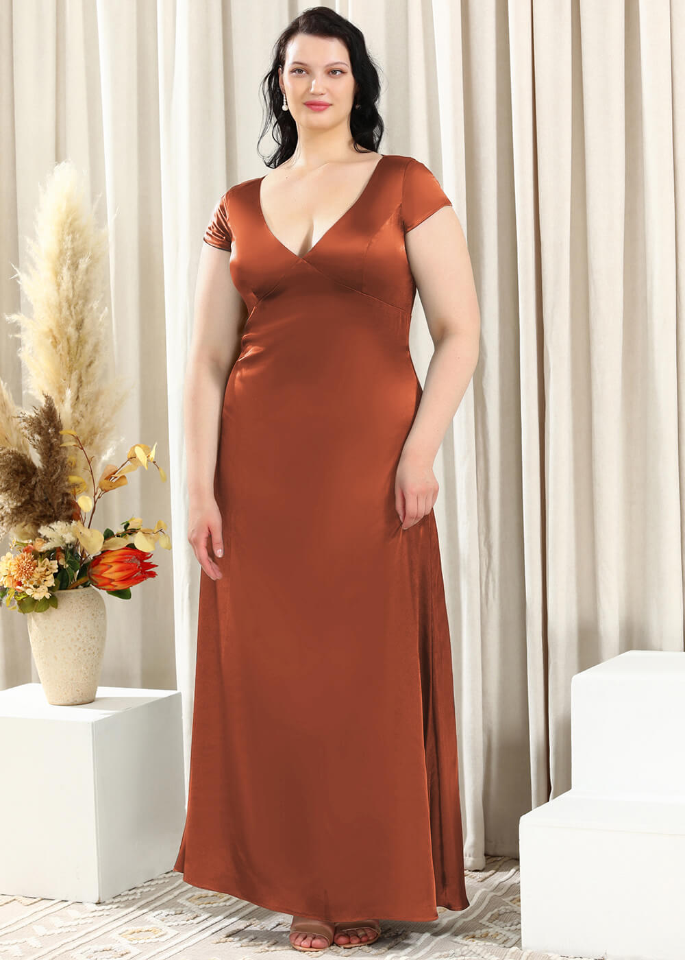 Deep V-neck A-line Key Hole Back Long Satin Bridesmaid Dress
