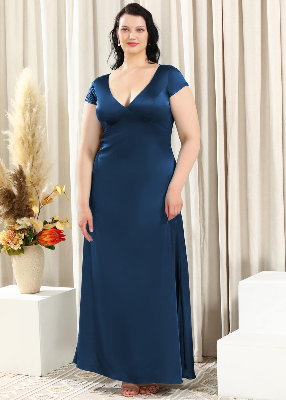 Deep V-neck A-line Key Hole Back Long Satin Bridesmaid Dress