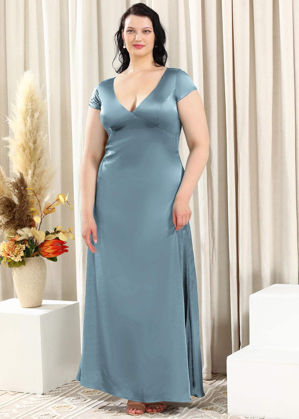 Deep V-neck A-line Key Hole Back Long Satin Bridesmaid Dress