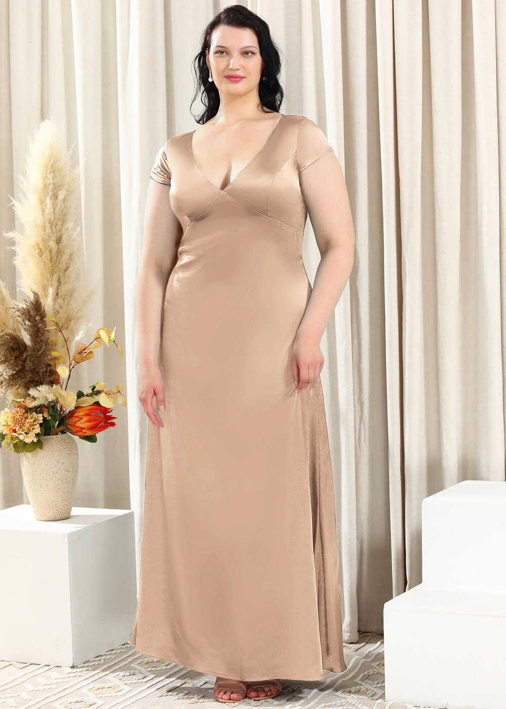 Deep V-neck A-line Key Hole Back Long Satin Bridesmaid Dress