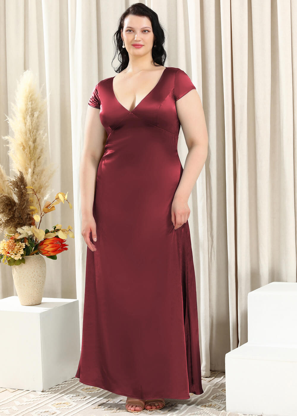 Deep V-neck A-line Key Hole Back Long Satin Bridesmaid Dress