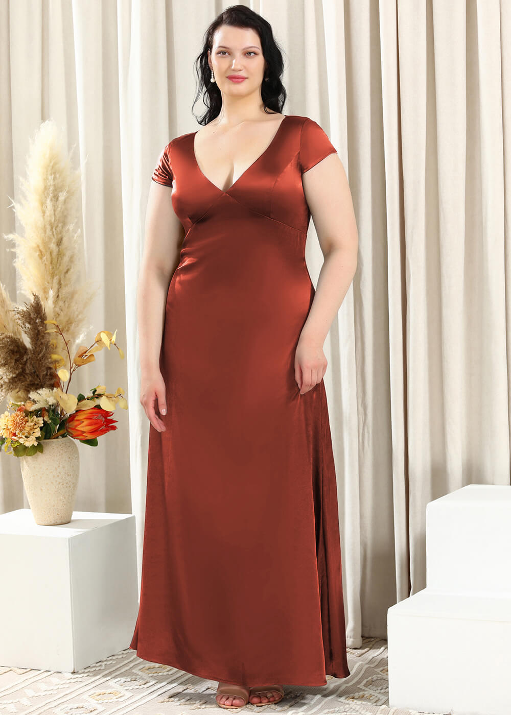 Deep V-neck A-line Key Hole Back Long Satin Bridesmaid Dress