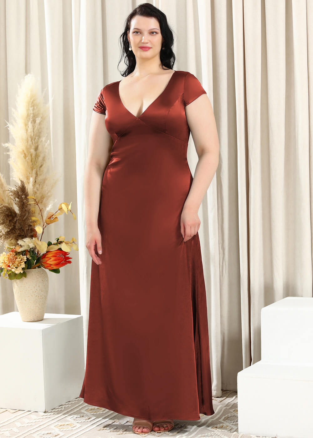Deep V-neck A-line Key Hole Back Long Satin Bridesmaid Dress