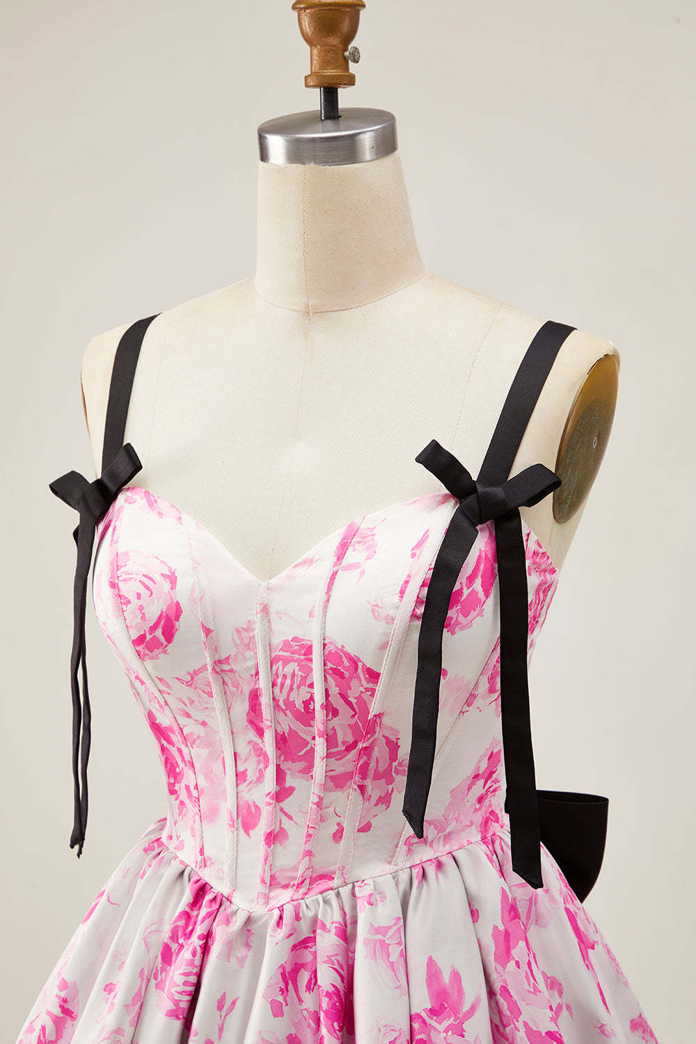 Cute White Fuchsia A Line Corset Floral Short Homecoming Dress with Bow