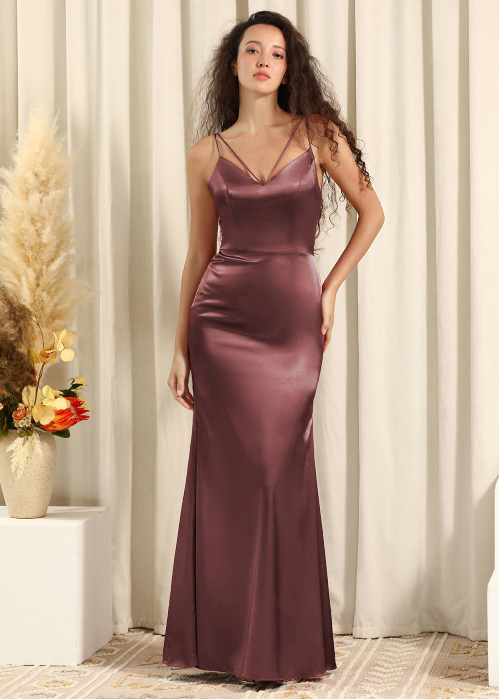 Spaghetti Strap V-neck Satin Sheath Maxi Bridesmaid Dress