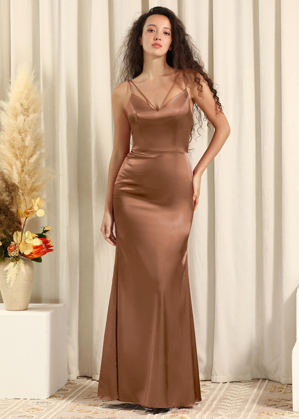 Spaghetti Strap V-neck Satin Sheath Maxi Bridesmaid Dress