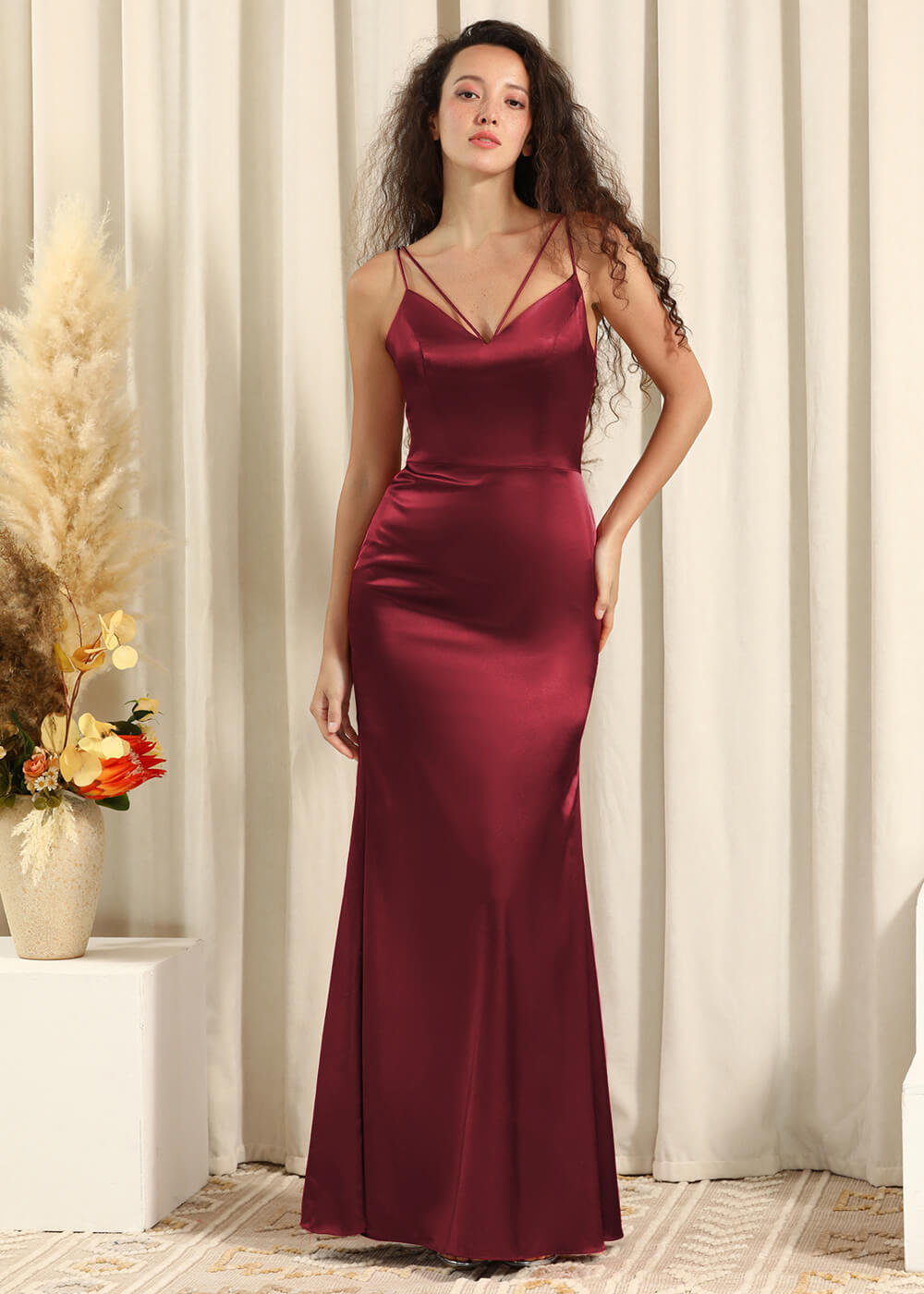 Spaghetti Strap V-neck Satin Sheath Maxi Bridesmaid Dress