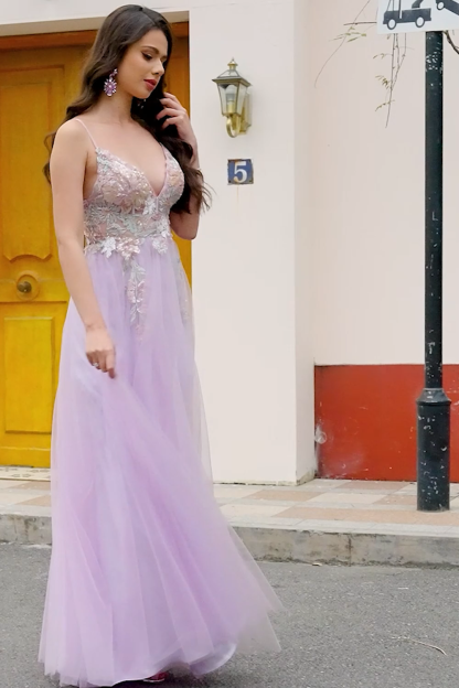 Gorgeous A Line Spaghetti Straps Lilac Long Prom Dress with Appliques
