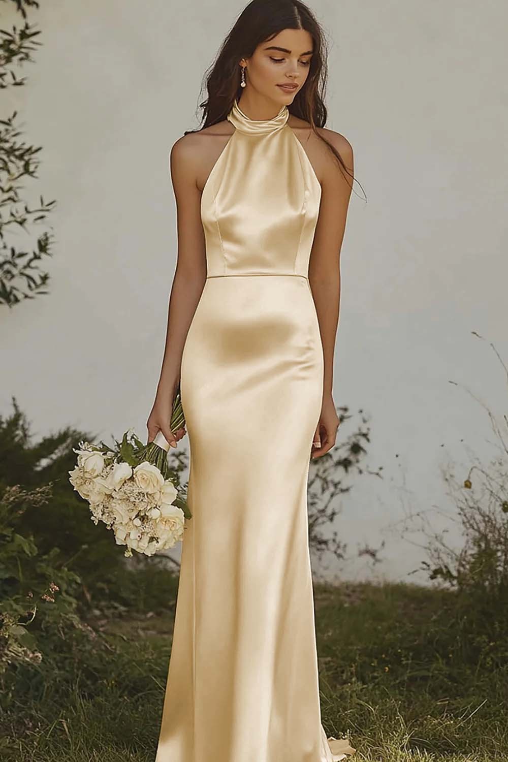 Elegant Light Yellow Sheath Halter Long Satin Bridesmaid Dress