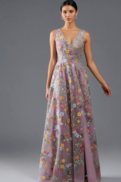 Plus Size Floral Mauve V-Neck A Line Long Wedding Guest Dress with Slit