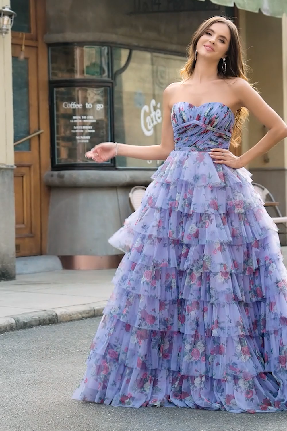 Off the Shoulder Floral Printed Tiered Prom Dress with Pleated